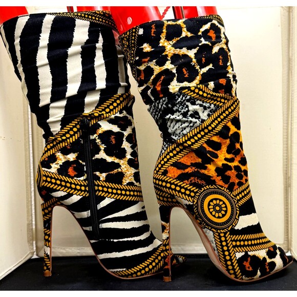 Animal Stiletto Heel Booties 6 Black Gold Chic Clubwear Peep Toe Boots Going Out - Picture 6 of 8